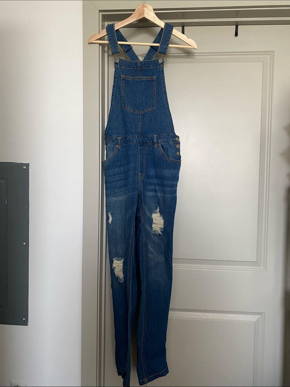 Love Tree Distressed Dark Blue Denim Overalls